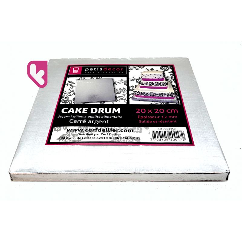 CAKE DRUM CARRE - Carton carré argent - 20x20cm - PATISDECOR