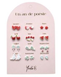 Un An de Poésie - 12 Paires de Boucles d'Oreilles - Rouge & Eau - YUKO.B
