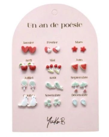 Un An de Poésie - 12 Paires de Boucles d'Oreilles - Rouge & Eau - YUKO.B