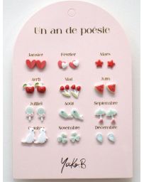 Un An de Poésie - 12 Paires de Boucles d'Oreilles - Rouge & Eau - YUKO.B