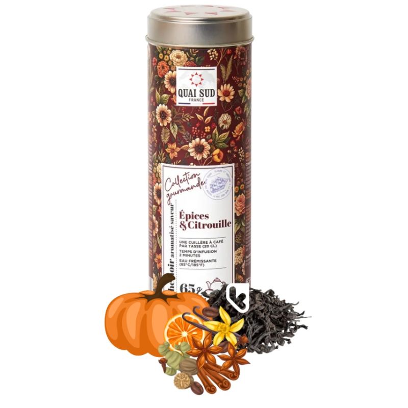 THÉ NOIR ÉPICES SAVEUR CITROUILLE BOITE RONDE 65G - QUAI SUD