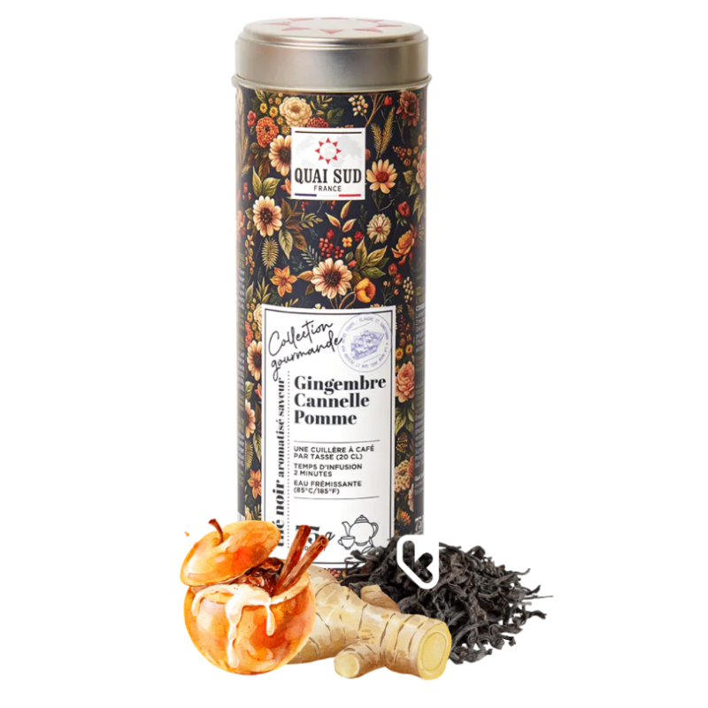 THÉ NOIR GINGEMBRE CANNELLE SAVEUR POMME BOITE RONDE 75G - QUAI SUD