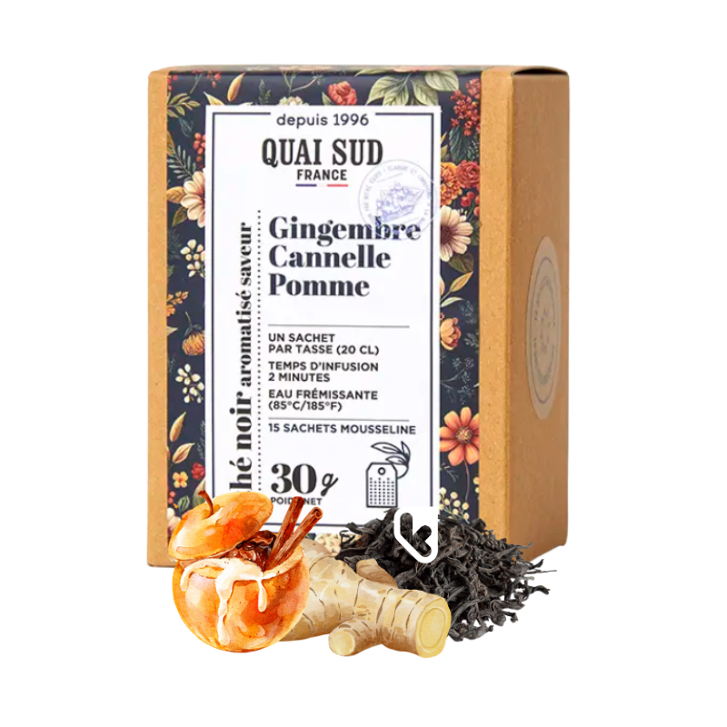 THÉ NOIR GINGEMBRE CANNELLE SAVEUR POMME BOÎTE 15INFUSETTES - QUAI SUD