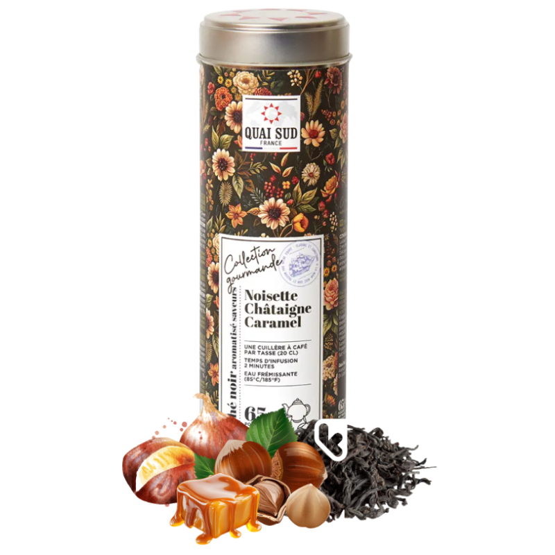 THÉ NOIR NOISETTE CHATAIGNE CARAMEL BOITE RONDE 65G - QUAI SUD
