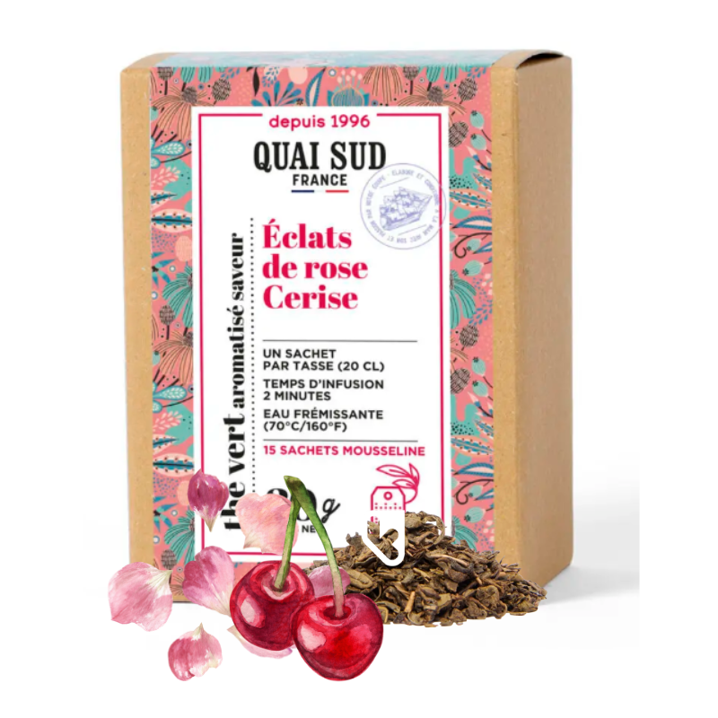 THÉ VERT ECLATS DE ROSE CERISE - BOÎTE 15 INFUSETTES - QUAI SUD
