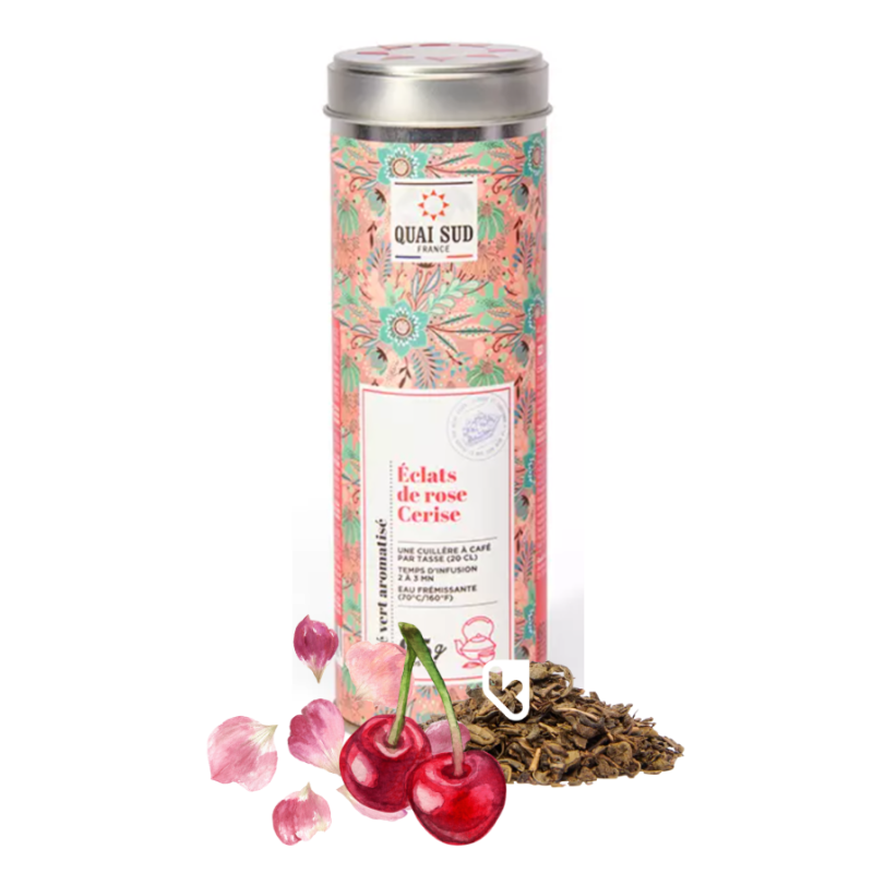 THÉ VERT ÉCLATS DE ROSE CERISE - BOÎTE RONDE 65G - QUAI SUD