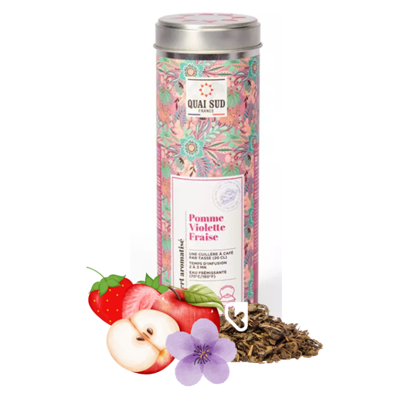 Thé Vert Pomme, Violette, Fraise - Boîte ronde 60g - QUAI SUD