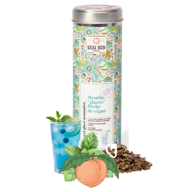 Thé Vert Menthe glacée, Pêche de vigne - Boîte ronde 75g- QUAI SUD