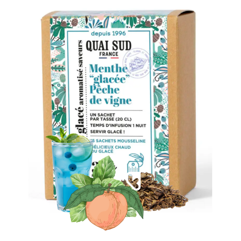 THÉ VERT MENTHE GLACEE PÊCHE DE VIGNE - BOÎTE 15 INFUSETTES - QUAI SUD