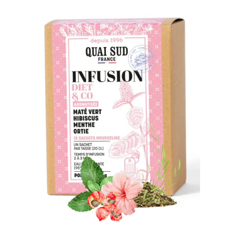 INFUSION DIET & CO Maté vert, Hibiscus, Menthe et Guarana - BOÎTE 15 INFUSETTES - QUAI SUD