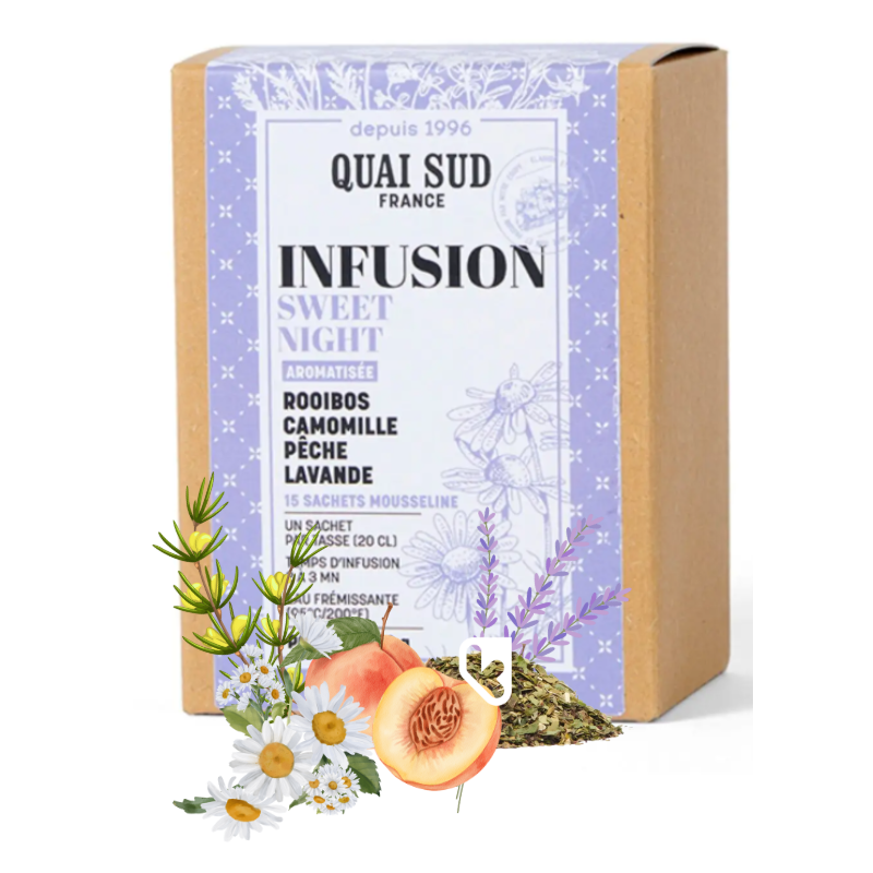INFUSION "SWEET NIGHT" Rooibos, Camomille, Pêche et Lavande - BOÎTE 15 INFUSETTES - QUAI SUD