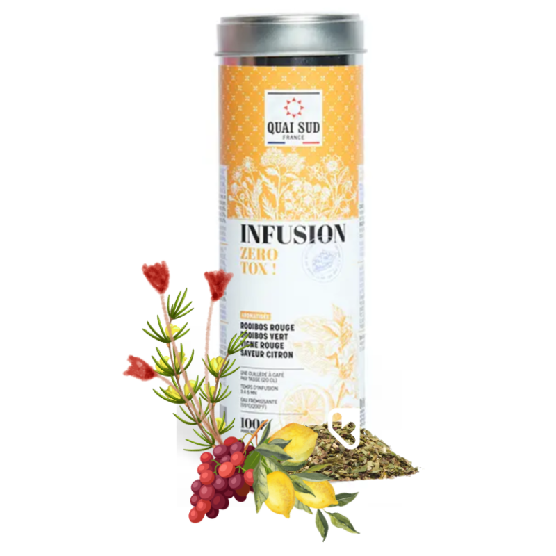 Infusion - Zéro Tox - Rooibos rouge, Rooibos vert, Vigne rouge, Citron - Boîte 100g - QUAI SUD