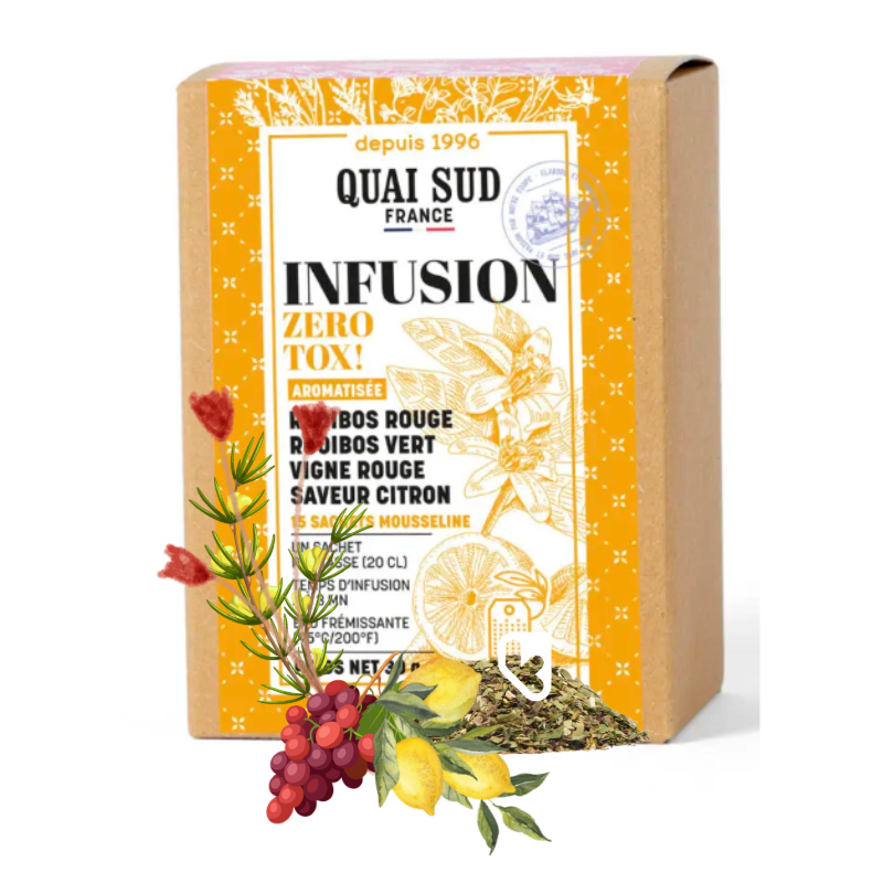INFUSION "ZÉRO TOX" Rooibos rouge, Rooibos vert, Vigne rouge, Citron - BOÎTE 15 INFUSETTES - QUAI SUD