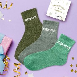 Coffret Trio de chaussettes à paillettes - Baroudeuse, Passionnée, Audacieuse