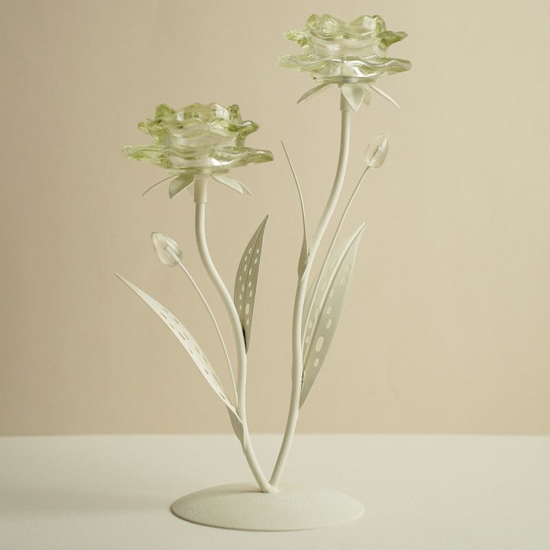 MATHURINE BOUGEOIR DOUBLE FLEURS VERTES 33cm - HOME EDELWEISS