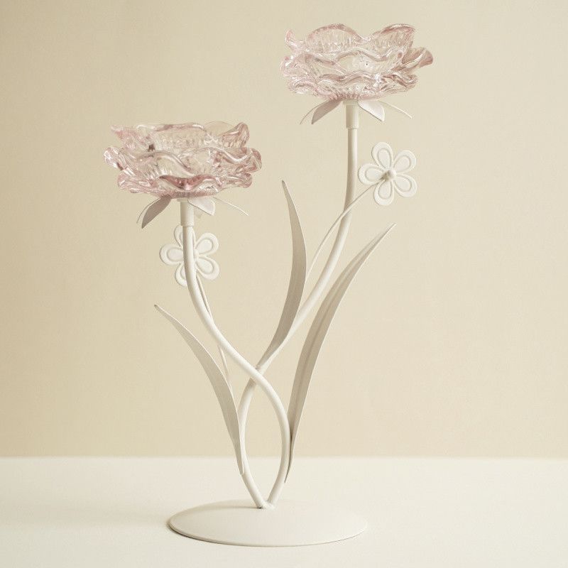 BEATA BOUGEOIR DOUBLE FLEURS ROSES 33CM - HOME EDELWEISS