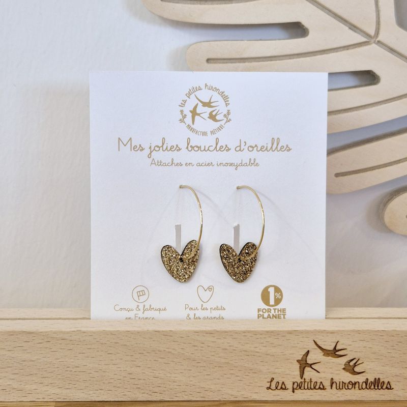 Créoles à paillettes - COEURS DORES - LES PETITES HIRONDELLES