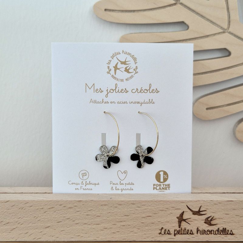 Créoles à paillettes - FLEURS LÉOPARD ARGENTÉES - LES PETITES HIRONDELLES