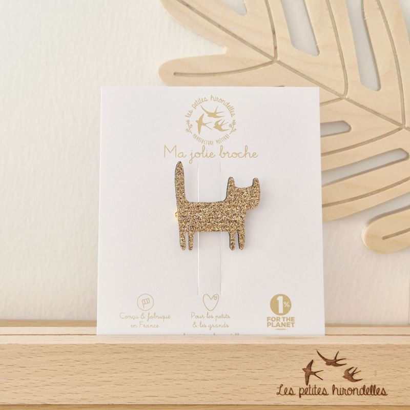 Broche en feutrine pailletée - CHAT DEBOUT DORE - LES PETITES HIRONDELLES