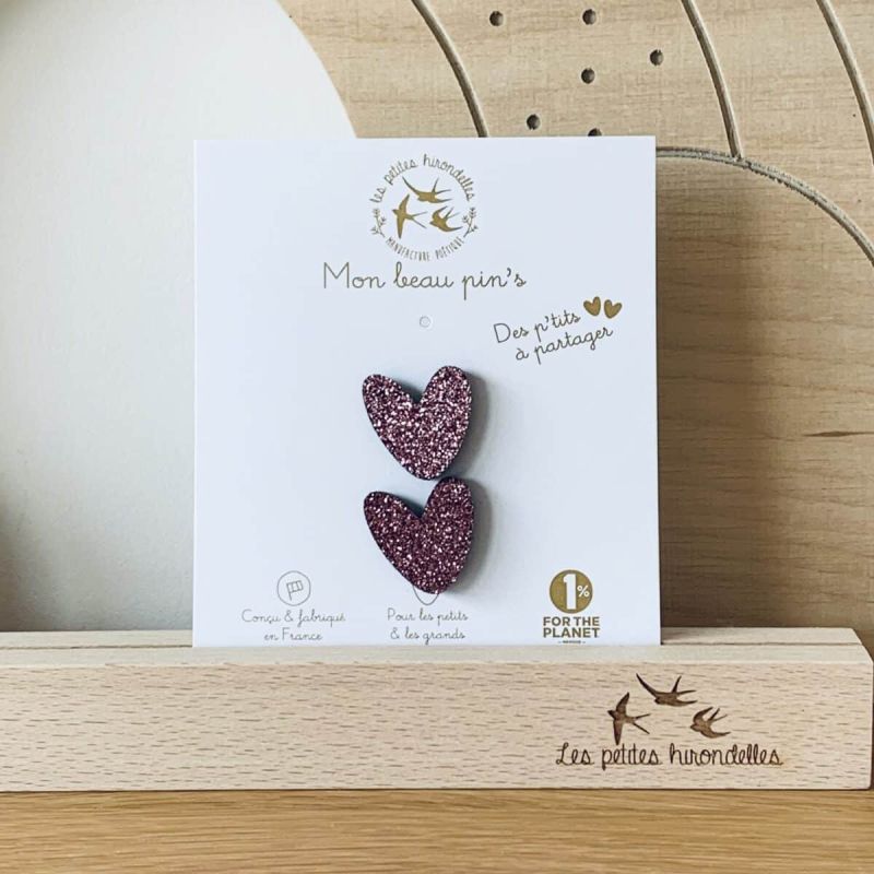 Pin's en feutrine pailletée - COEURS À PARTAGER ROSES - LES PETITES HIRONDELLES
