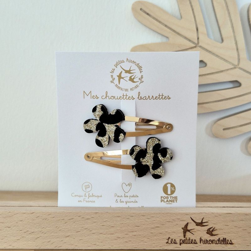 BARRETTES DOUBLES FLEURS LEOPARD DOREES - LES PETITES HIRONDELLES
