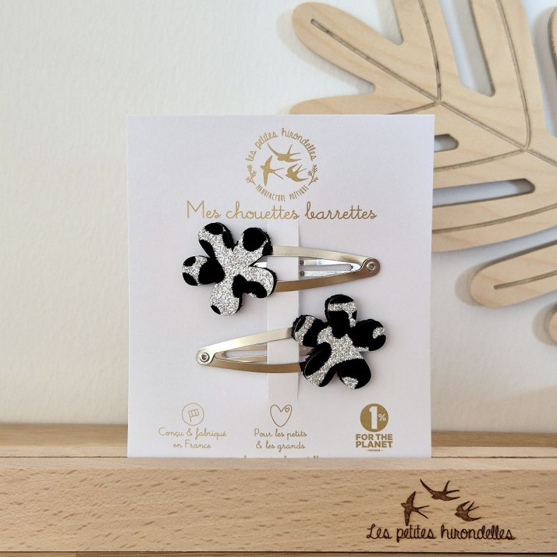 BARRETTES DOUBLES FLEURS LEOPARD ARGENTEES - LES PETITES HIRONDELLES