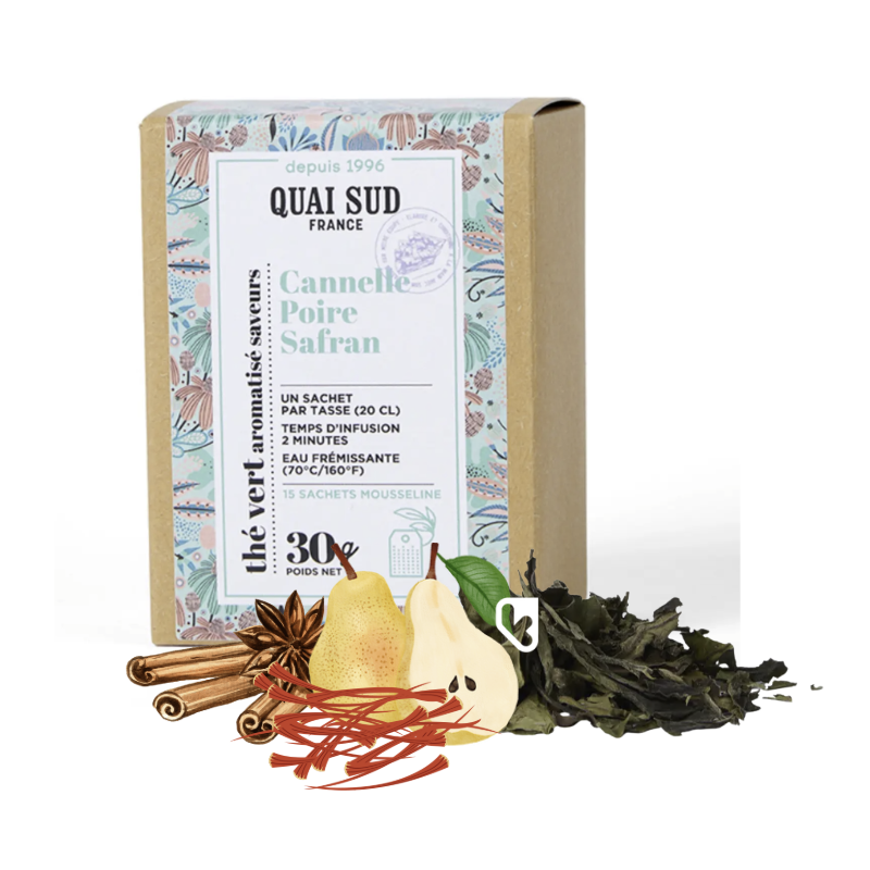 THÉ VERT CANNELLE, POIRE, SAFRAN - BOÎTE 15 INFUSETTES - QUAI SUD