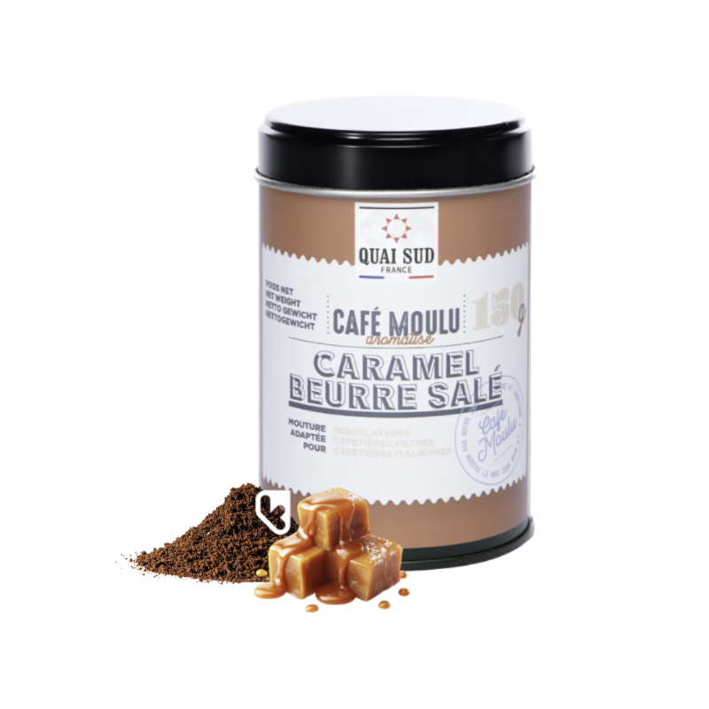 CAFÉ MOULU AROMATISÉ CARAMEL BEURRE SALÉ - BOITE POP 150G - QUAI SUD