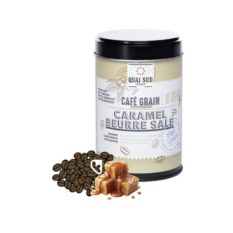 CAFÉ GRAINS AROMATISÉ CARAMEL BEURRE SALÉ - BOITE POP 150G - QUAI SUD