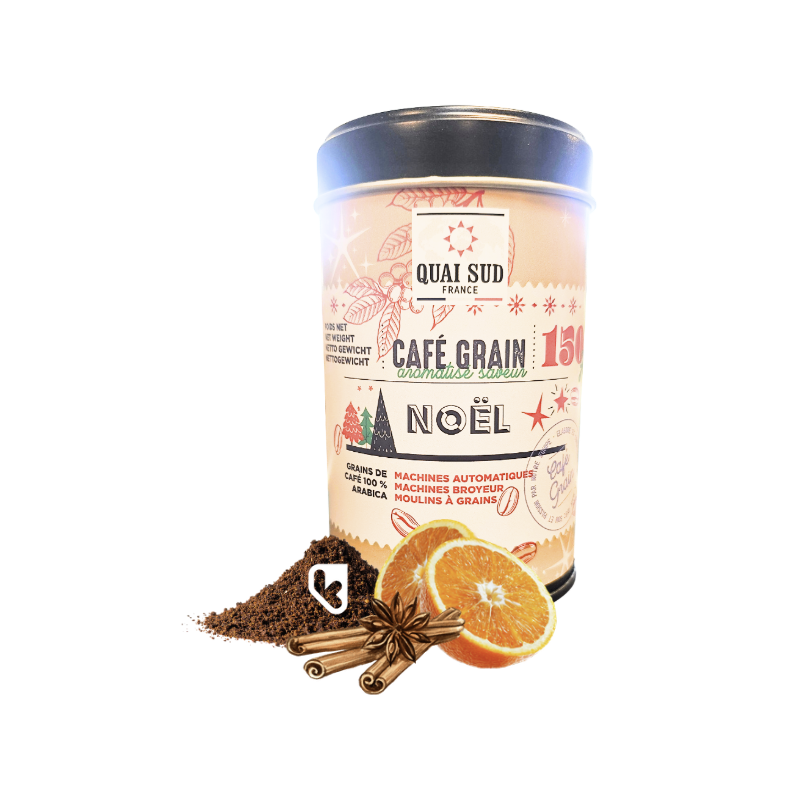 CAFÉ DE NOËL EN GRAIN (CANNELLE ORANGE) - BOÎTE POP 150G - QUAI SUD