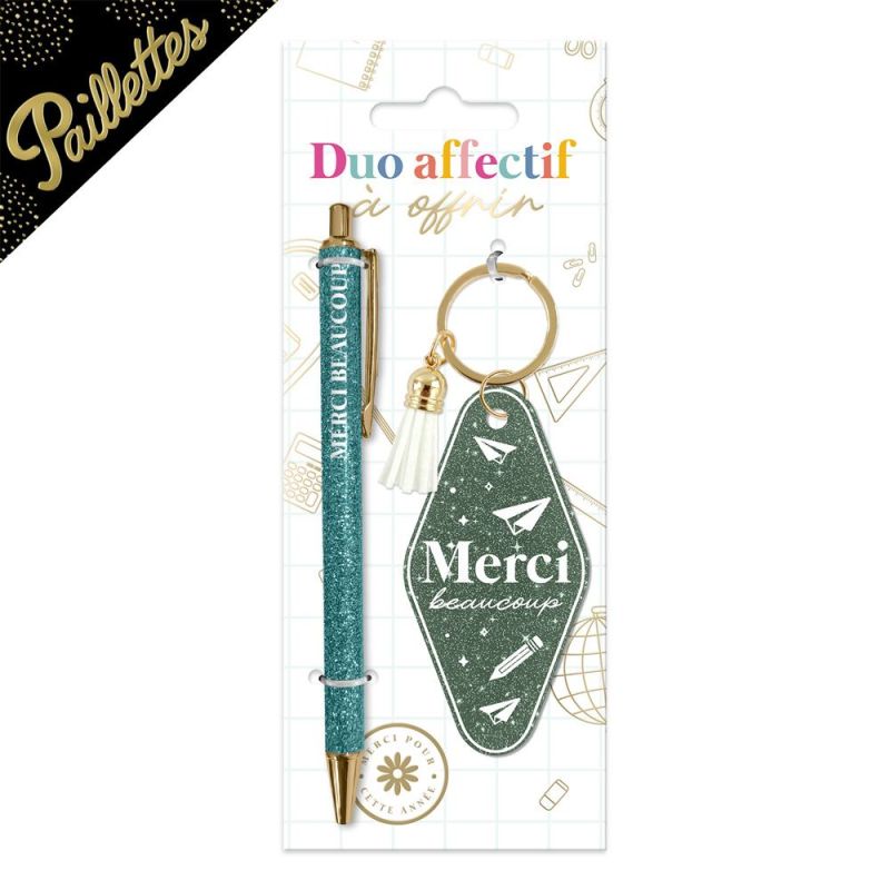 DUO PAILLETTES PORTE-CLÉS MOTEL et STYLO - MERCI BEAUCOUP
