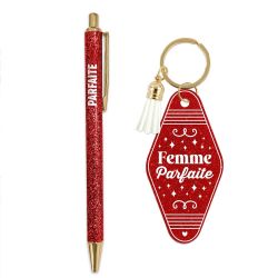 DUO PAILLETTES PORTE-CLES MOTEL ET STYLO - FEMME PARFAITE