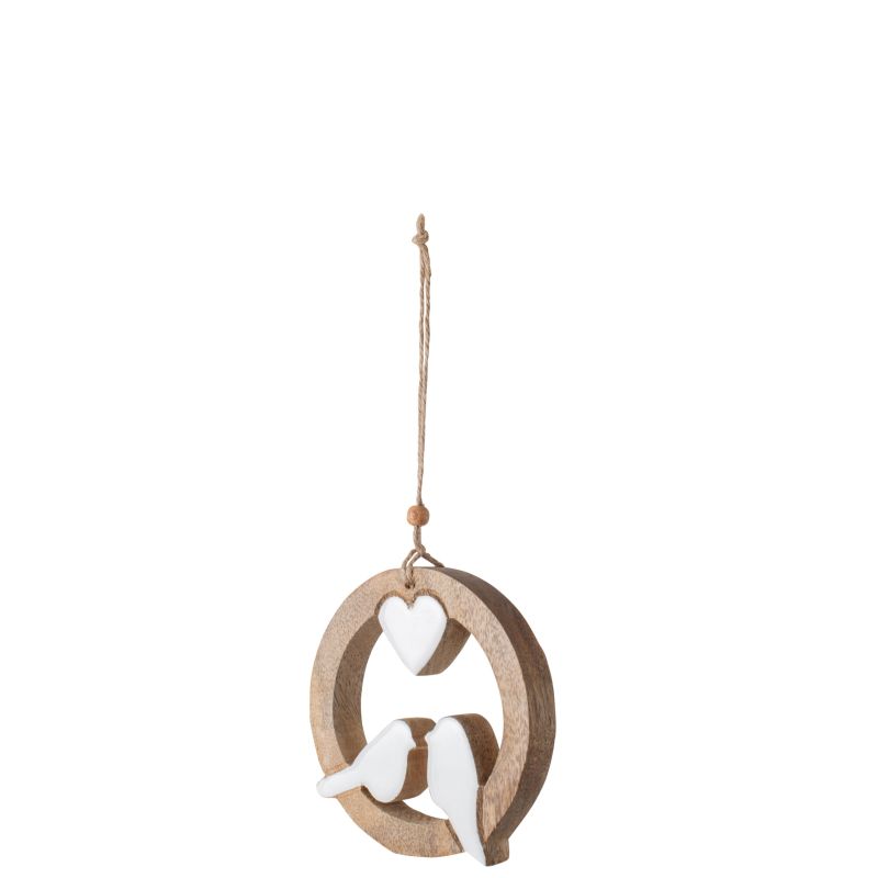 SUSPENSION OISEAU + COEUR BOIS DE MANGUIER NATUREL/BLANC S - J-LINE
