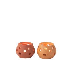 Photophore rond en argile et en verre - Rouge ou Marron - J-LINE