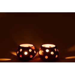 Photophore rond en argile et en verre - Rouge ou Marron - J-LINE