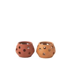 Photophore rond en argile et en verre - Rouge ou Marron - J-LINE