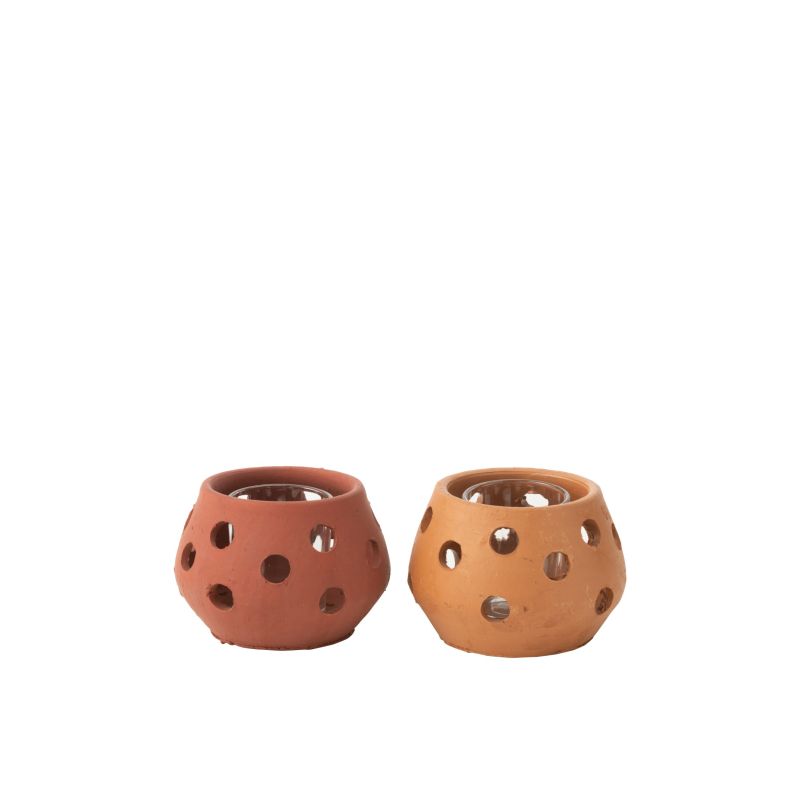 Photophore rond en argile et en verre - Rouge ou Marron - J-LINE