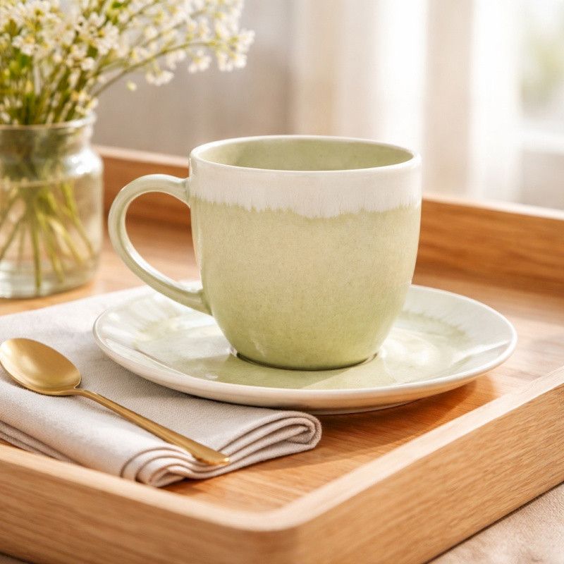 JUPITER - TASSE CAFÉ AVEC SOUS TASSE VERT/IVOIRE - HOME ELDEWEISS