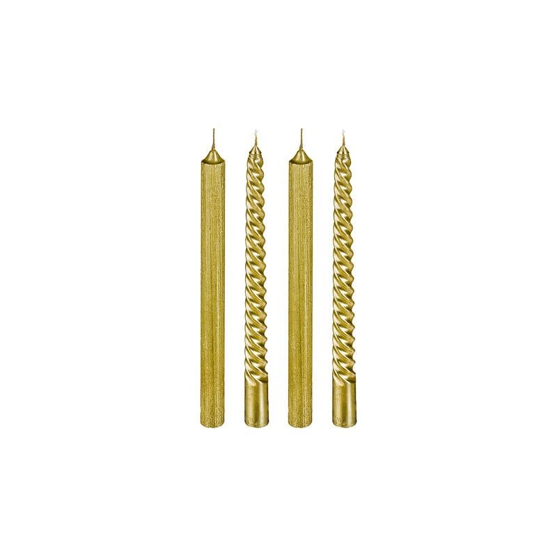 SET DE 4 BOUGIES BÂTONS DROITES ET TORSADEES DOREES 48G