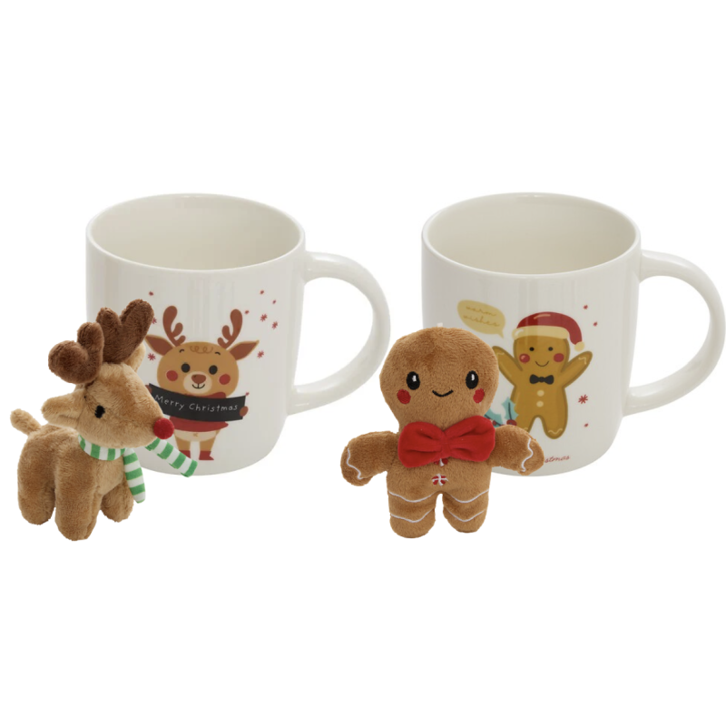 Coffret Mug de Noël 38cl avec peluche - Renne OU Gingerman