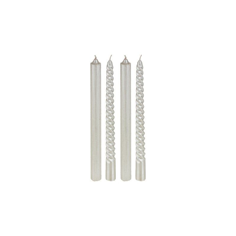 Lot de 4 Bougies Bâtons (2 droites & 2 torsadées) blanches pailletées.