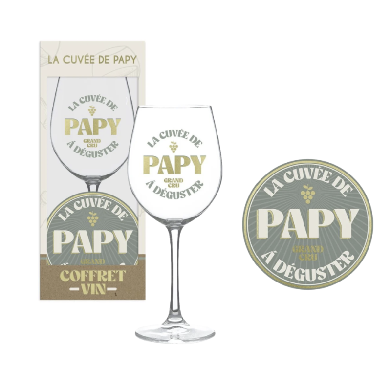 Coffret Vin - La Cuvée de Papy - Verre à vin & Dessous de verre