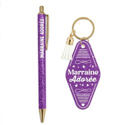 DUO PAILLETTES PORTE-CLÉS MOTEL et STYLO - MARRAINE ADORÉE