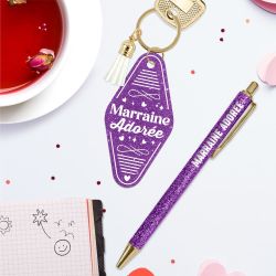 DUO PAILLETTES PORTE-CLÉS MOTEL et STYLO - MARRAINE ADORÉE