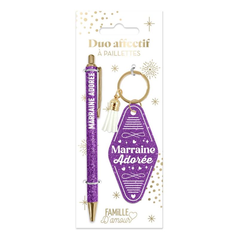 DUO PAILLETTES PORTE-CLÉS MOTEL et STYLO - MARRAINE ADORÉE
