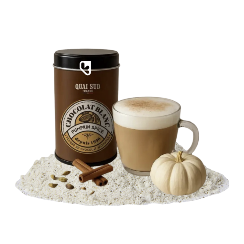 CHOCOLAT BLANC EN POUDRE - PUMPKIN SPICE (ÉPICES CITROUILLE) - BOÎTE POP 250g - QUAI SUD