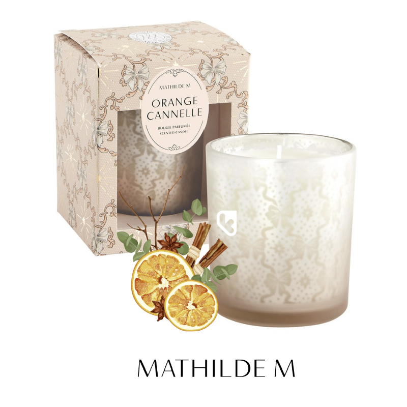 BOUGIE PARFUMÉE RUBANS DE FETE 160G - ORANGE CANELLE - MATHILDE. M