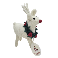 RENNE AVEC COURONNE DE NOËL BLANC / MARRON - SUSPENSION EN FEUTRINE - AMICA